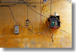 asia, electrical, hoi an, horizontal, vietnam, walls, wires, yellow, photograph