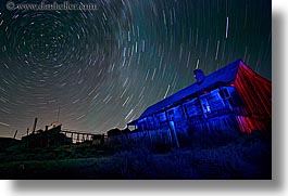 antiques, bodie, california, ghost town, horizontal, houses, long exposure, nite, over, star trails, stars, state park, west coast, western usa, photograph