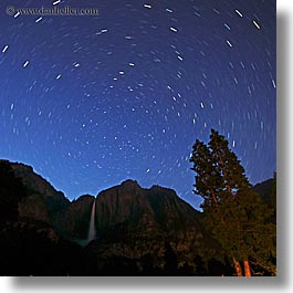 california, falls, nature, nite, sky, square format, star trails, stars, trails, trees, water, waterfalls, west coast, western usa, yosemite, yosemite falls, photograph