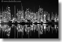 black and white, boats, canada, cityscapes, horizontal, long exposure, nite, reflections, vancouver, water, photograph
