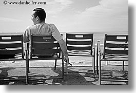 black and white, chairs, cigars, europe, france, horizontal, men, nice, seas, watching, photograph