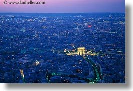 aerials, arc de triomphe, dusk, europe, france, glow, horizontal, lights, paris, perspective, photograph