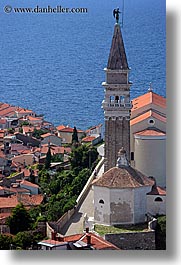 bell towers, buildings, churches, cityscapes, europe, pirano, slovenia, vertical, water, photograph