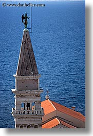 bell towers, buildings, churches, europe, pirano, slovenia, vertical, water, photograph