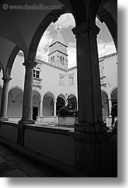 black and white, buildings, cloisters, europe, franciscan, monastery, monestaries, pirano, slovenia, vertical, photograph