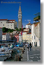 bell towers, buildings, europe, pirano, ports, side, slovenia, vertical, views, photograph