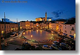 bell towers, churches, cityscapes, europe, horizontal, long exposure, motion blur, nite, piazza, pirano, slovenia, photograph