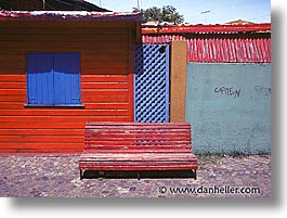 argentina, benches, buenos aires, horizontal, la boca, latin america, painted town, red, photograph