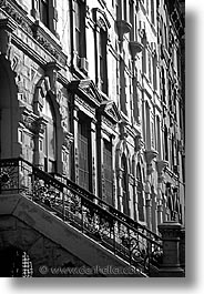 america, black and white, brownstones, buildings, new york, new york city, north america, united states, vertical, photograph