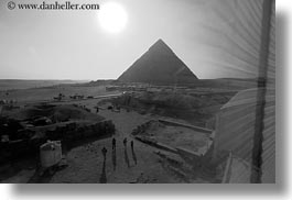 africa, black and white, cairo, egypt, horizontal, pyramids, shadows, structures, walking, photograph