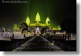 angkor wat, asia, cambodia, green, horizontal, illuminated, long exposure, nite, paths, stones, towers, photograph