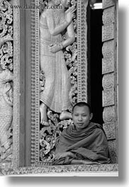 images/Asia/Laos/LuangPrabang/Buildings/Temples/Xiethong/Monk/monk-at-golden-window-2-bw.jpg