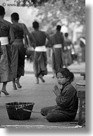 asia, asian, beggar, black and white, childrens, colors, girls, laos, luang prabang, men, monks, oranges, people, procession, vertical, photograph