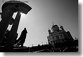 images/Asia/Russia/Moscow/Buildings/Churches/CathedralOfChrist/statue-n-church-1-bw.jpg