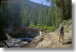 bridge, california, devils postpile, hats, hikers, hiking, horizontal, jills, rivers, sierras, trails, trees, west coast, western usa, womens, photograph