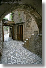 archways, cobble stones, croatia, europe, narrow streets, stairs, streets, trogir, vertical, photograph
