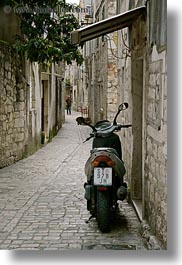 croatia, europe, motorcycles, narrow, narrow streets, streets, trogir, vertical, photograph