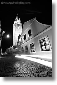 black and white, czech republic, europe, nite, slow exposure, telc, towers, vertical, photograph
