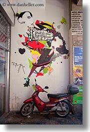 arts, athens, colorful, europe, graffiti, greece, motor, red, scooter, vertical, photograph