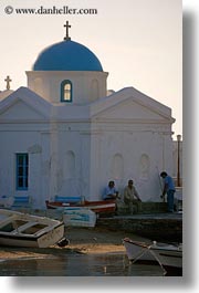 boats, churches, europe, greece, men, mykonos, vertical, white wash, photograph