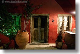 doors, europe, greece, horizontal, potted, red, santorini, trees, walls, woods, photograph