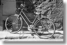 bicycles, black and white, europe, florence, horizontal, italy, streets, tuscany, photograph