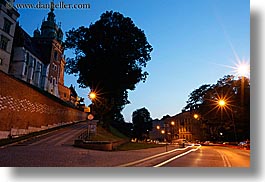 bell towers, buildings, driveway, dusk, europe, horizontal, krakow, light streaks, lights, long exposure, palace, poland, streaks, structures, wawel castle, photograph
