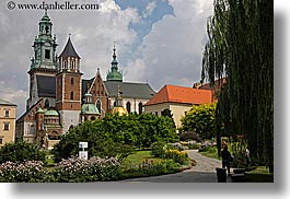 bell towers, buildings, europe, flowers, horizontal, krakow, palace, poland, structures, wawel castle, photograph