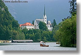 bled, boats, churches, europe, horizontal, lakes, rowing, slovenia, photograph