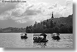 black and white, bled, boats, churches, europe, horizontal, lakes, slovenia, photograph