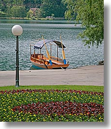 bled, boats, covered, europe, gardens, lakes, lamp posts, slovenia, vertical, photograph