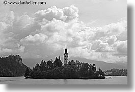 black and white, bled, churches, clouds, europe, horizontal, islands, lakes, slovenia, photograph