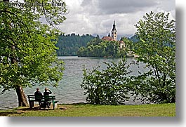 benches, bled, churches, couples, europe, horizontal, islands, lakes, slovenia, photograph