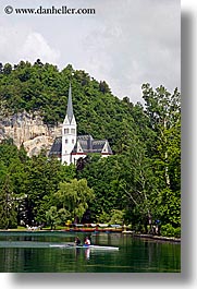 bled, churches, europe, kayaks, lakes, slovenia, vertical, photograph