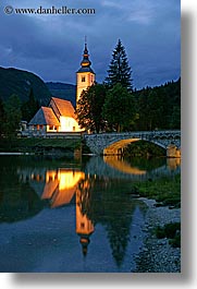 bohinj, churches, dusk, europe, eve, lakes, long exposure, reflections, slovenia, vertical, photograph