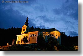bohinj, churches, dusk, europe, evening, hills, horizontal, slovenia, slow exposure, photograph