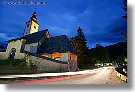 bohinj, churches, dusk, europe, horizontal, lightstreak, long exposure, luminated, slovenia, photograph