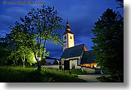 bohinj, churches, dusk, europe, horizontal, long exposure, luminated, slovenia, trees, photograph