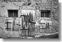 black and white, bohinj, doors, europe, horizontal, old, shutters, slovenia, windows, woods, photograph
