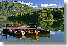 boats, bohinj, europe, horizontal, lakes, mountains, piers, reflections, slovenia, water, photograph