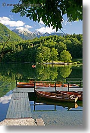 boats, bohinj, europe, lakes, mountains, piers, reflections, slovenia, vertical, water, photograph