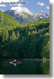 bohinj, canoes, europe, fishermen, lakes, mountains, slovenia, snowcaps, vertical, water, photograph