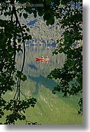 bohinj, branches, canoes, europe, fishermen, lakes, slovenia, trees, vertical, water, photograph