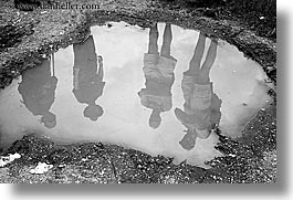 black and white, bohinj, europe, horizontal, people, puddle, reflections, slovenia, photograph