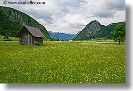 bohinj, europe, horizontal, scenics, shack, shed, slovenia, wildflowers, photograph