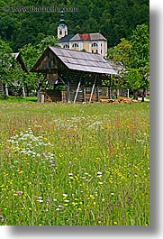 bohinj, europe, scenics, shack, shed, slovenia, vertical, wildflowers, photograph