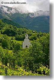 churches, clouds, dreznica, europe, mountains, slovenia, trees, vertical, photograph