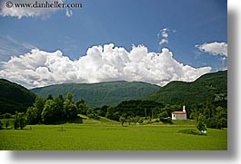 clouds, curch, dreznica, europe, horizontal, mountains, over, slovenia, photograph
