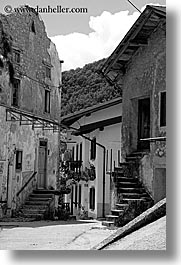 black and white, dreznica, europe, houses, slovenia, stairs, vertical, photograph