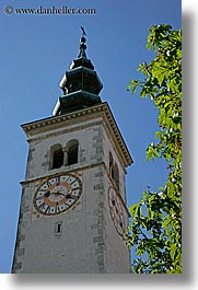 bell towers, clocks, europe, kobarid, slovenia, vertical, photograph
